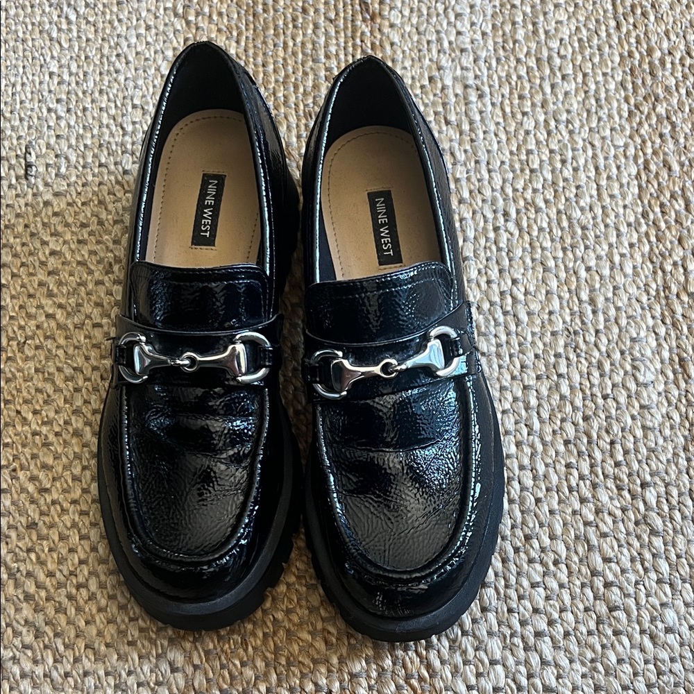 Nine West Shiny Black Loafers with Metallic Accent